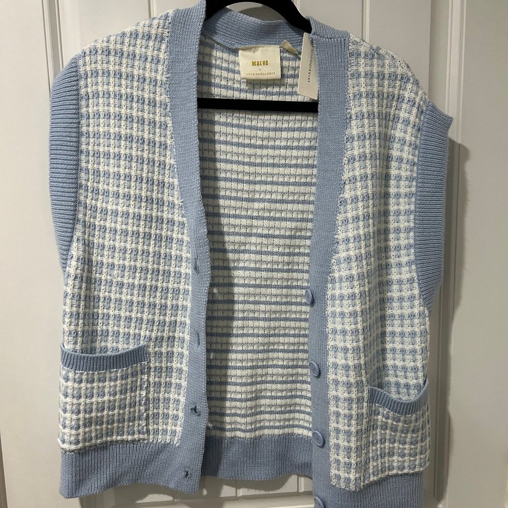 Maeve Geometric Buttondown Sweater Vest Size Medium Blue Plaid Anthropologie